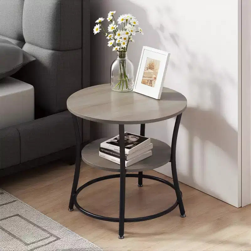 Tavolino Rotondo a 2 Livelli, Tavolino d'Appoggio da 55 cm, Piano in MDF, Struttura in Metallo Nero