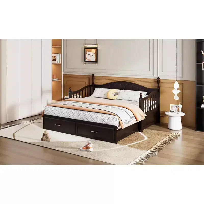 Divano Letto in Legno con Letto Estraibile e 2 Cassetti Contenitore, Estendibile da Singolo a Matrimoniale, 113 kg