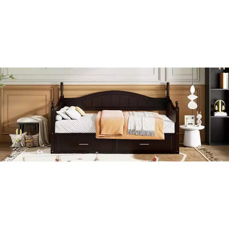 Divano Letto in Legno con Letto Estraibile e 2 Cassetti Contenitore, Estendibile da Singolo a Matrimoniale, 113 kg