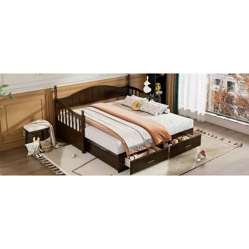 Divano Letto in Legno con Letto Estraibile e 2 Cassetti Contenitore, Estendibile da Singolo a Matrimoniale, 113 kg