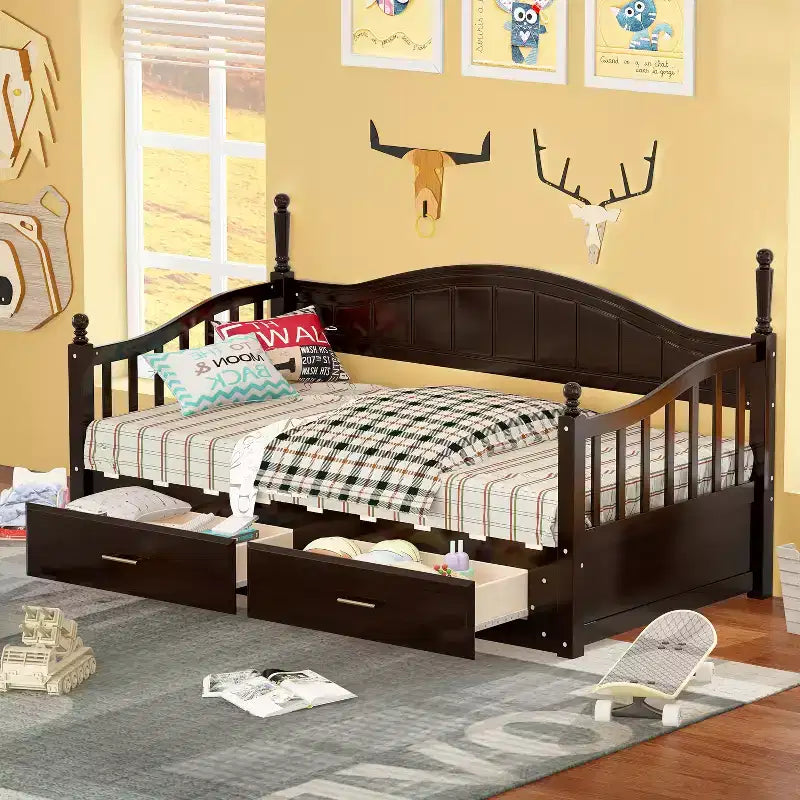 Divano Letto in Legno con Letto Estraibile e 2 Cassetti Contenitore, Estendibile da Singolo a Matrimoniale, 113 kg