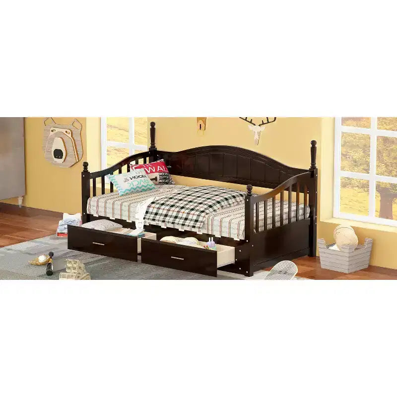 Divano Letto in Legno con Letto Estraibile e 2 Cassetti Contenitore, Estendibile da Singolo a Matrimoniale, 113 kg
