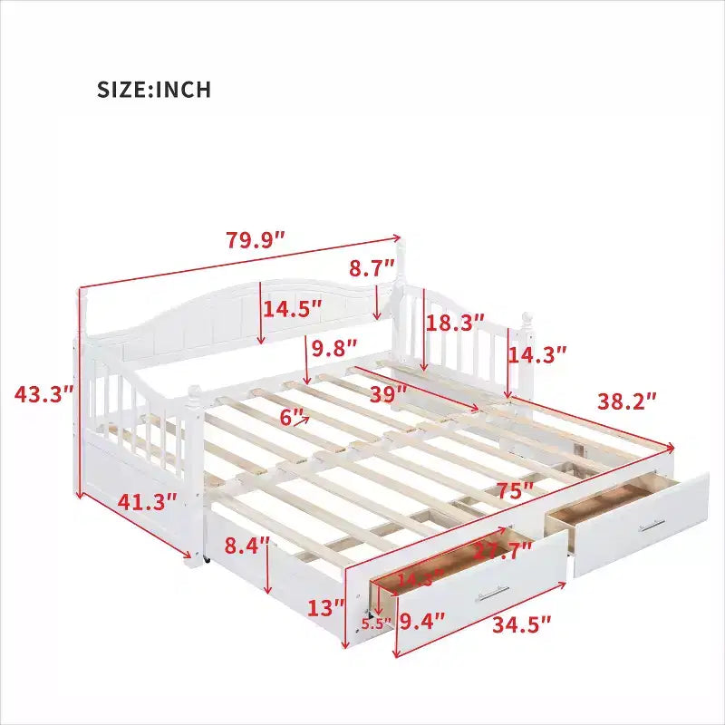 Divano Letto in Legno con Letto Estraibile e 2 Cassetti Contenitore, Estendibile da Singolo a Matrimoniale, 113 kg