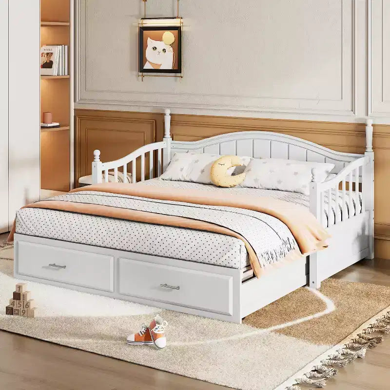 Divano Letto in Legno con Letto Estraibile e 2 Cassetti Contenitore, Estendibile da Singolo a Matrimoniale, 113 kg