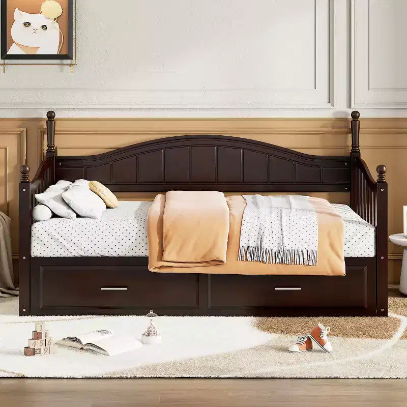 Divano Letto in Legno con Letto Estraibile e 2 Cassetti Contenitore, Estendibile da Singolo a Matrimoniale, 113 kg