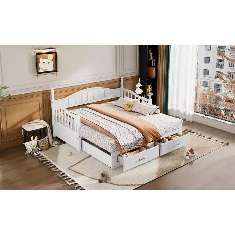Divano Letto in Legno con Letto Estraibile e 2 Cassetti Contenitore, Estendibile da Singolo a Matrimoniale, 113 kg