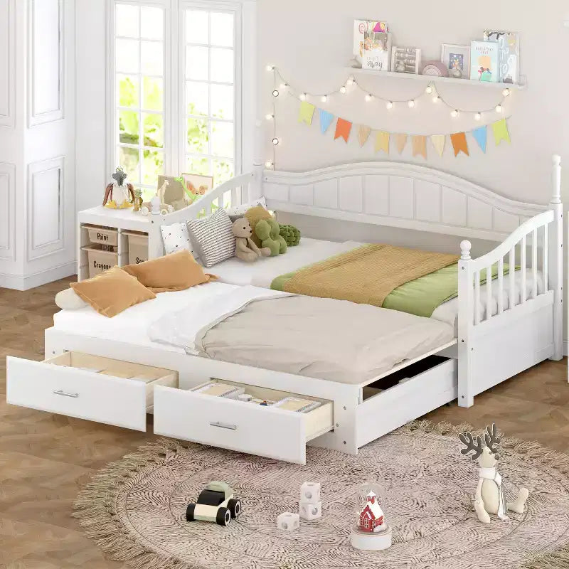 Divano Letto in Legno con Letto Estraibile e 2 Cassetti Contenitore, Estendibile da Singolo a Matrimoniale, 113 kg