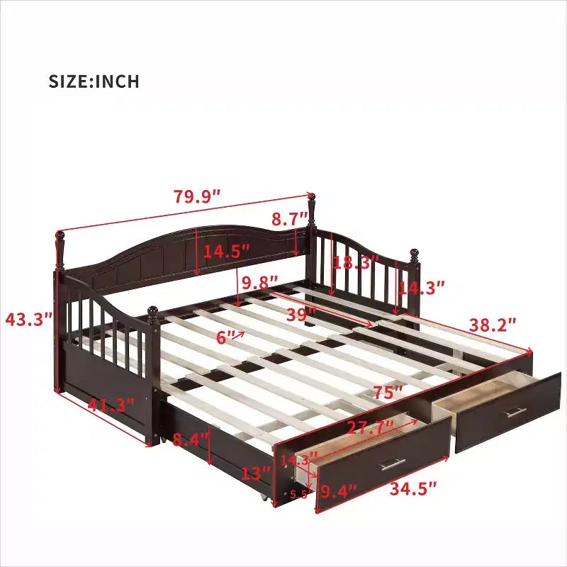 Divano Letto in Legno con Letto Estraibile e 2 Cassetti Contenitore, Estendibile da Singolo a Matrimoniale, 113 kg