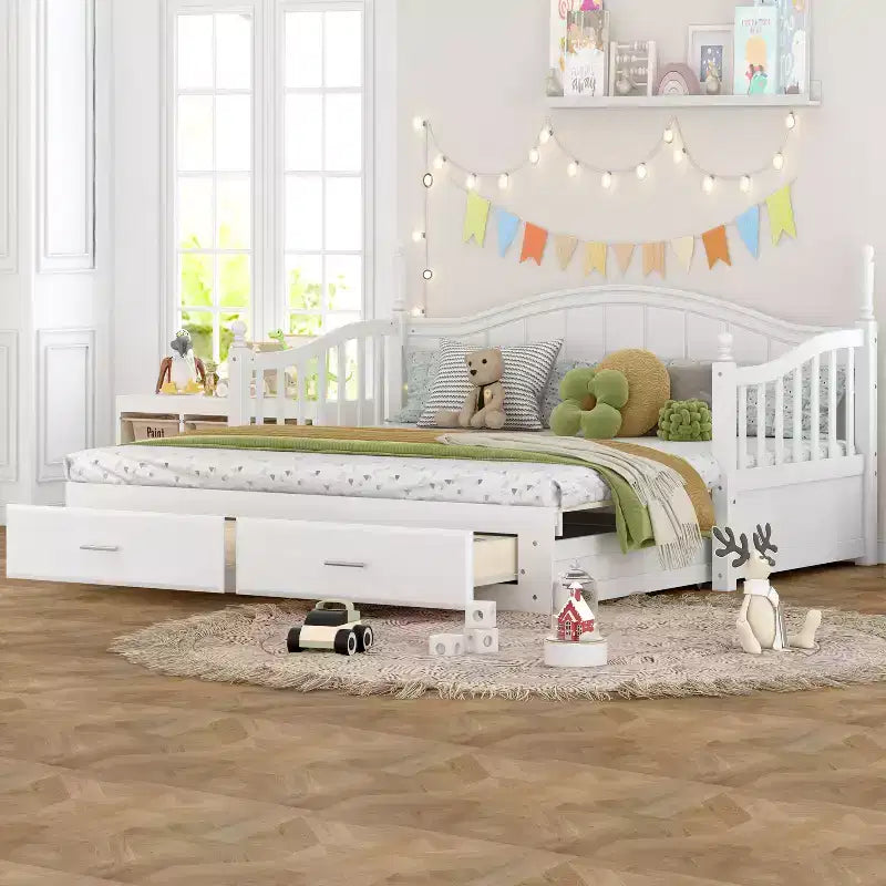 Divano Letto in Legno con Letto Estraibile e 2 Cassetti Contenitore, Estendibile da Singolo a Matrimoniale, 113 kg