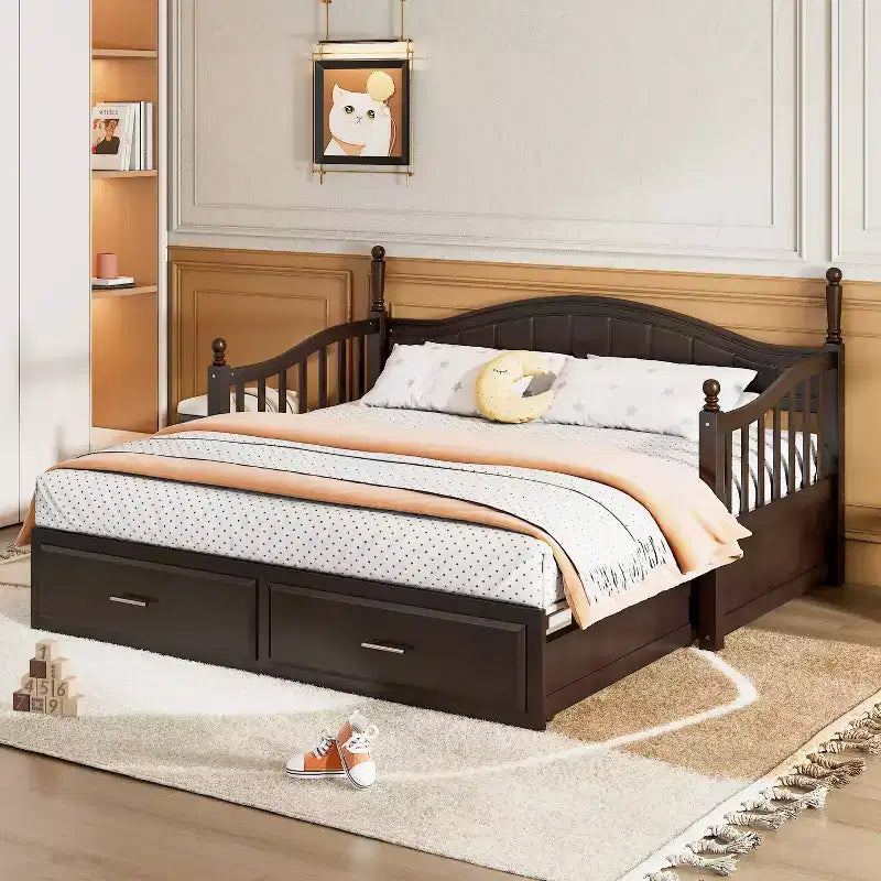 Divano Letto in Legno con Letto Estraibile e 2 Cassetti Contenitore, Estendibile da Singolo a Matrimoniale, 113 kg