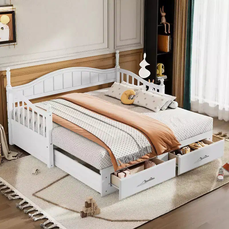 Divano Letto in Legno con Letto Estraibile e 2 Cassetti Contenitore, Estendibile da Singolo a Matrimoniale, 113 kg