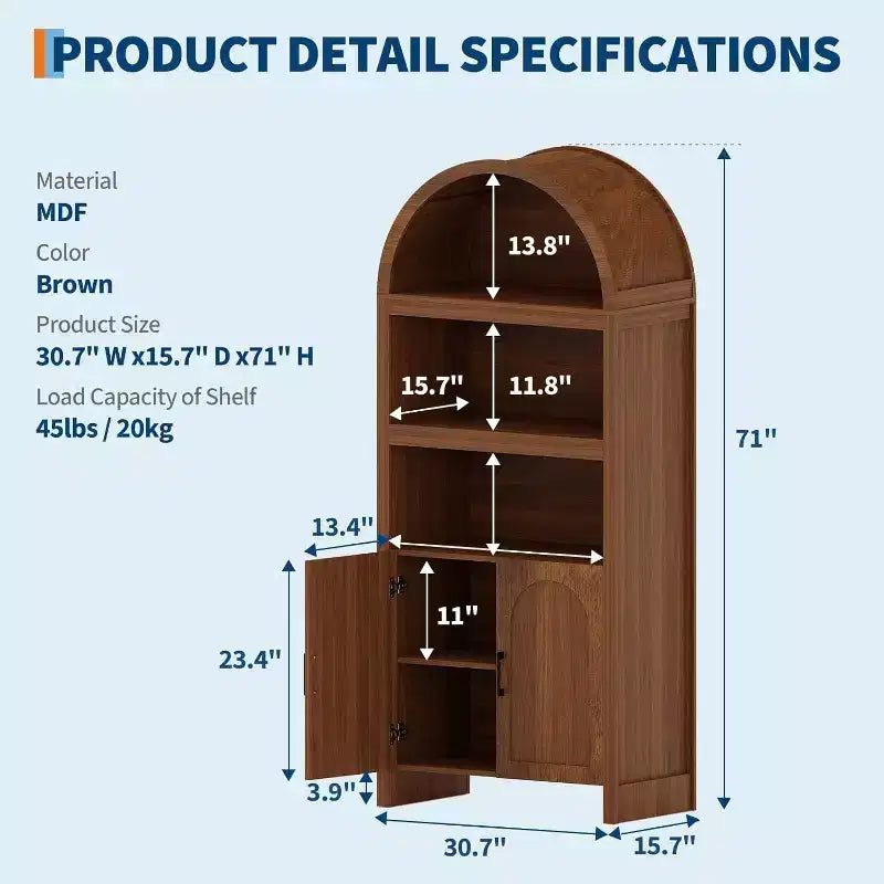 Libreria ad arco alta 71", mobile contenitore in legno stile Mid-Century Modern con ripiani aperti regolabili, dispensa/vetrina