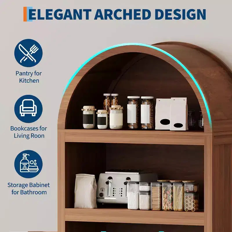 Libreria ad arco alta 71", mobile contenitore in legno stile Mid-Century Modern con ripiani aperti regolabili, dispensa/vetrina