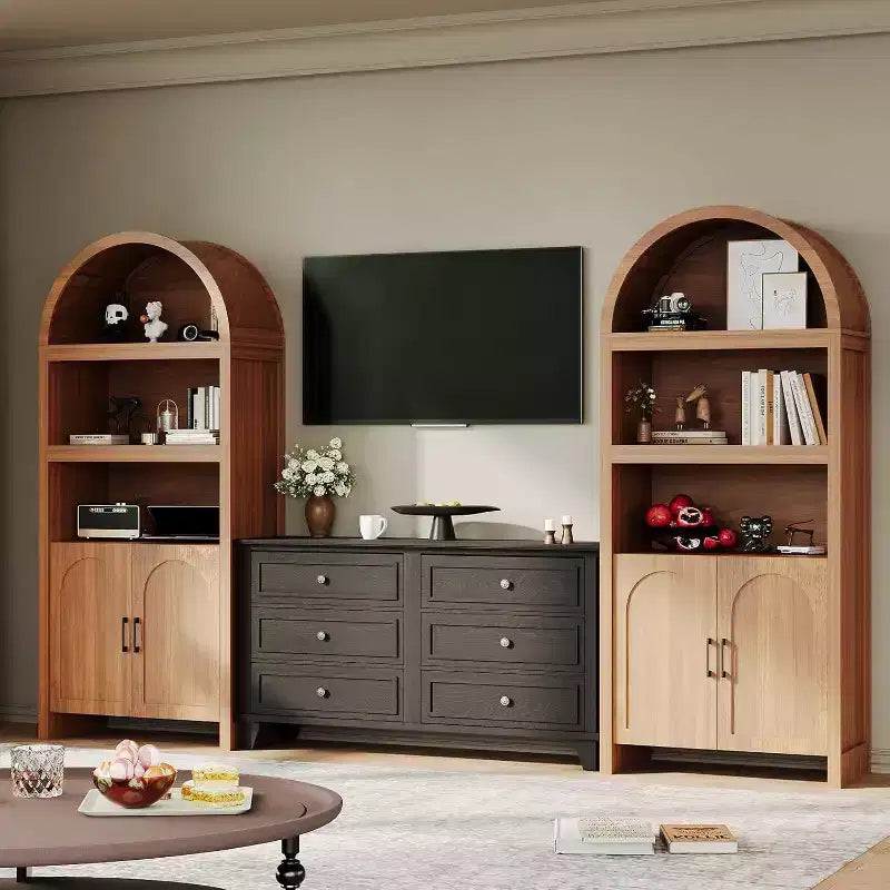 Libreria ad arco alta 71", mobile contenitore in legno stile Mid-Century Modern con ripiani aperti regolabili, dispensa/vetrina