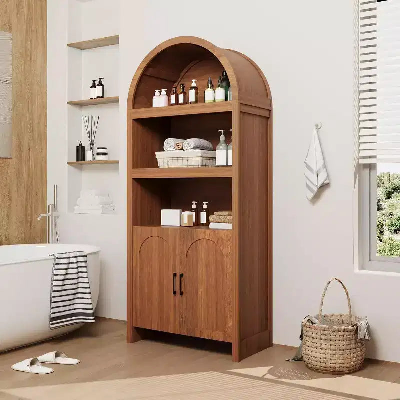 Libreria ad arco alta 71", mobile contenitore in legno stile Mid-Century Modern con ripiani aperti regolabili, dispensa/vetrina