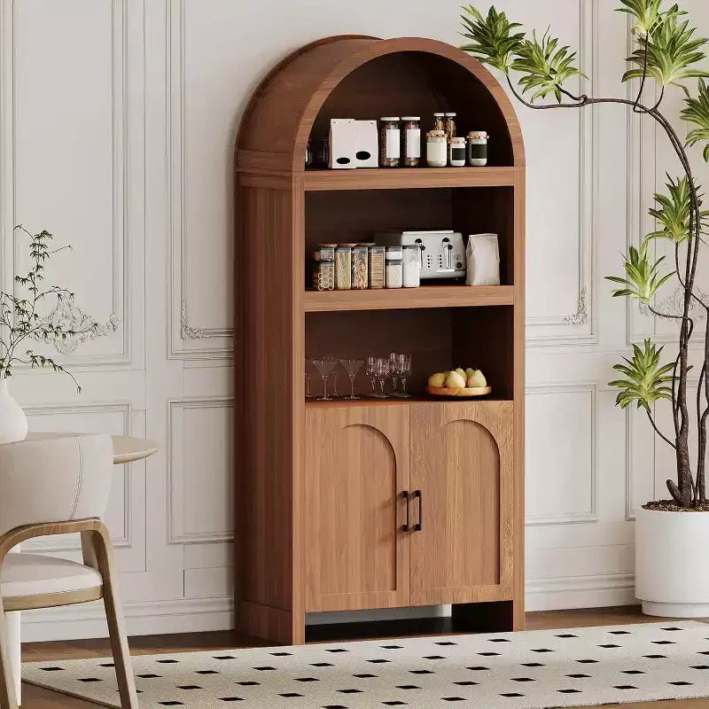 Libreria ad arco alta 71", mobile contenitore in legno stile Mid-Century Modern con ripiani aperti regolabili, dispensa/vetrina