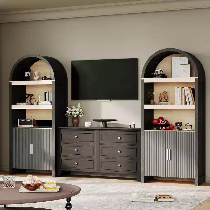Libreria ad arco alta 71", mobile contenitore in legno stile Mid-Century Modern con ripiani aperti regolabili, dispensa/vetrina