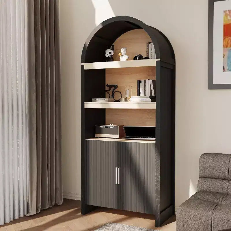 Libreria ad arco alta 71", mobile contenitore in legno stile Mid-Century Modern con ripiani aperti regolabili, dispensa/vetrina