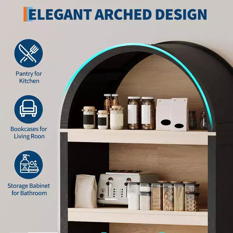 Libreria ad arco alta 71", mobile contenitore in legno stile Mid-Century Modern con ripiani aperti regolabili, dispensa/vetrina