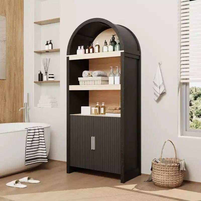 Libreria ad arco alta 71", mobile contenitore in legno stile Mid-Century Modern con ripiani aperti regolabili, dispensa/vetrina