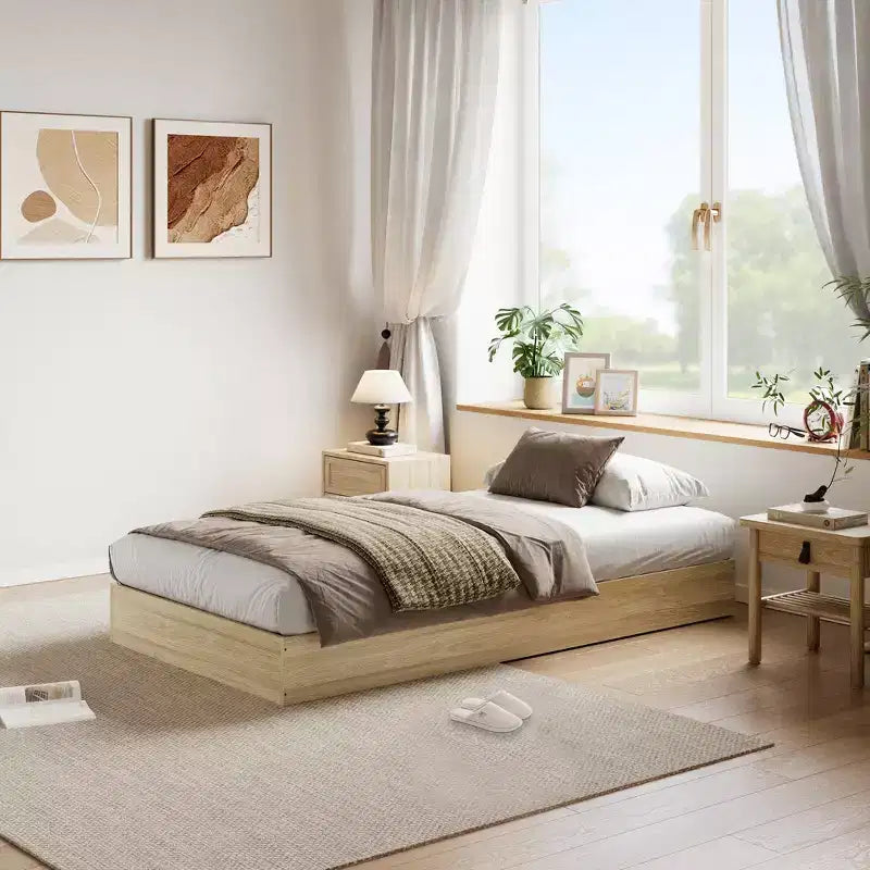 Struttura letto a piattaforma matrimoniale, doghe in legno e metallo, design minimalista, senza rete a molle