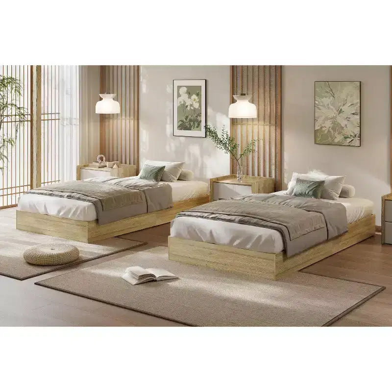 Struttura letto a piattaforma matrimoniale, doghe in legno e metallo, design minimalista, senza rete a molle