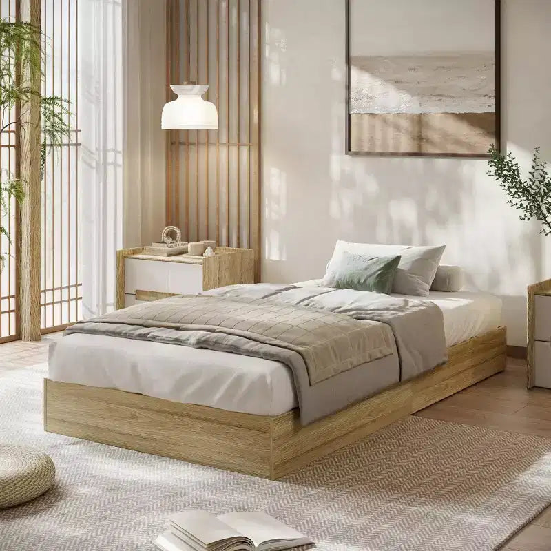 Struttura letto a piattaforma matrimoniale, doghe in legno e metallo, design minimalista, senza rete a molle