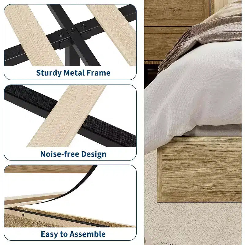 Struttura letto a piattaforma matrimoniale, doghe in legno e metallo, design minimalista, senza rete a molle