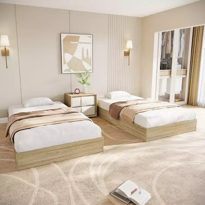 Struttura letto a piattaforma matrimoniale, doghe in legno e metallo, design minimalista, senza rete a molle