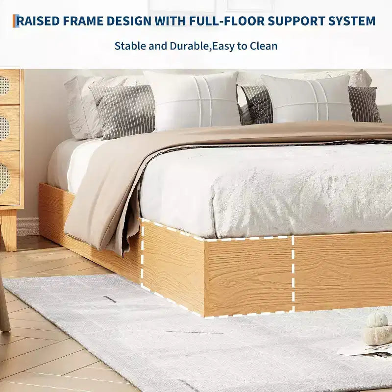 Struttura letto a piattaforma matrimoniale, doghe in legno e metallo, design minimalista, senza rete a molle