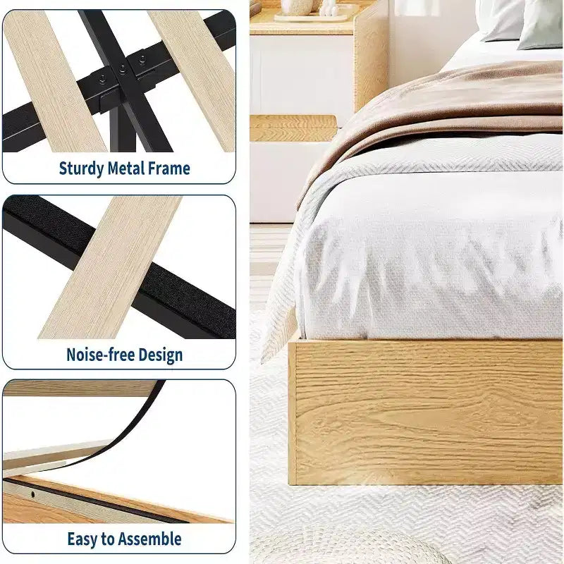 Struttura letto a piattaforma matrimoniale, doghe in legno e metallo, design minimalista, senza rete a molle
