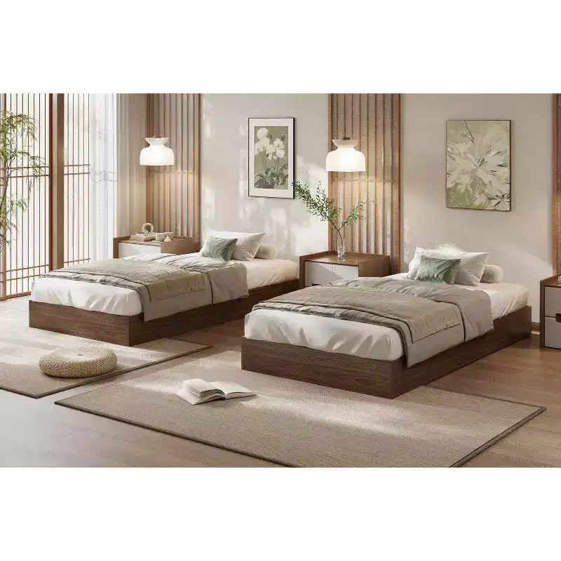 Struttura letto a piattaforma matrimoniale, doghe in legno e metallo, design minimalista, senza rete a molle