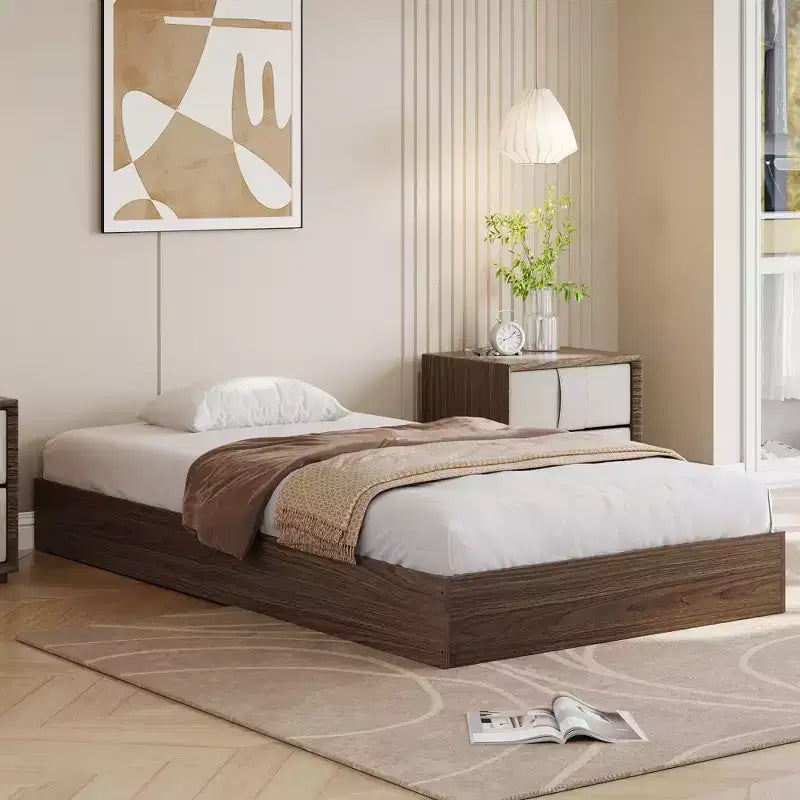 Struttura letto a piattaforma matrimoniale, doghe in legno e metallo, design minimalista, senza rete a molle