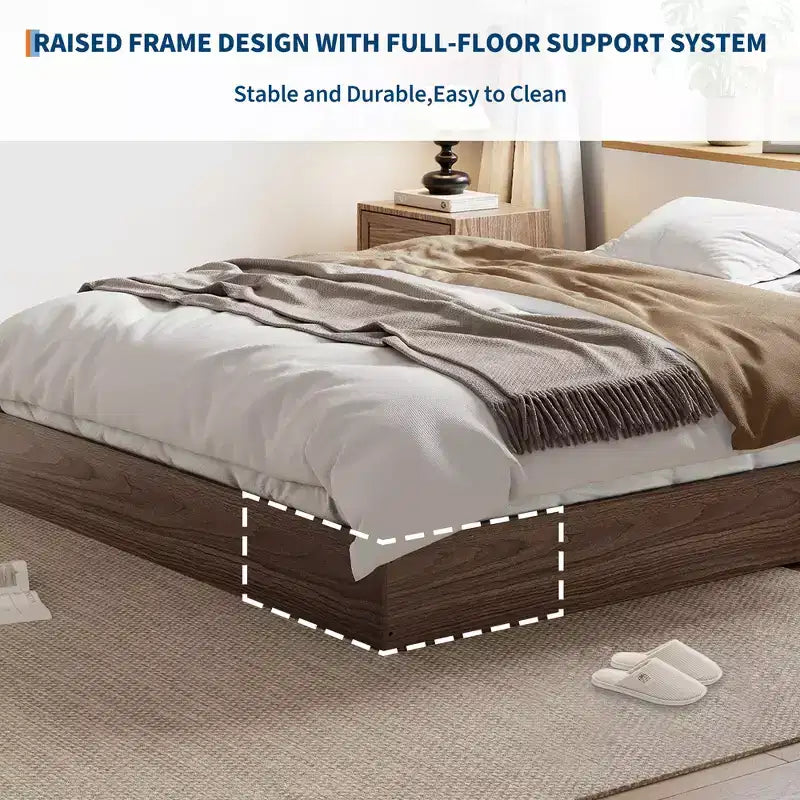 Struttura letto a piattaforma matrimoniale, doghe in legno e metallo, design minimalista, senza rete a molle