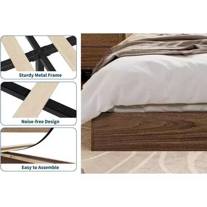 Struttura letto a piattaforma matrimoniale, doghe in legno e metallo, design minimalista, senza rete a molle