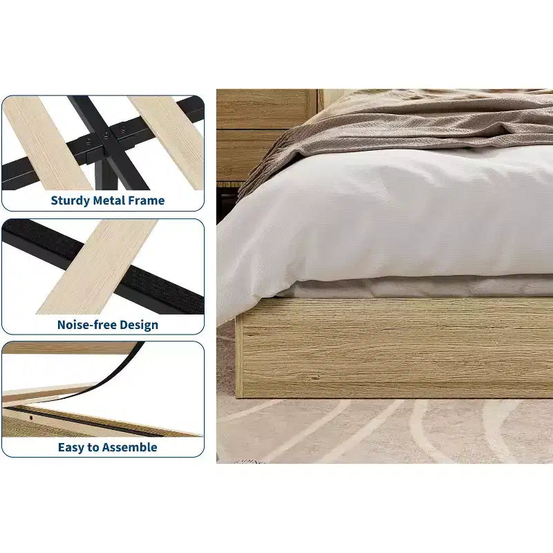 Struttura letto a piattaforma matrimoniale, doghe in legno e metallo, design minimalista, senza rete a molle