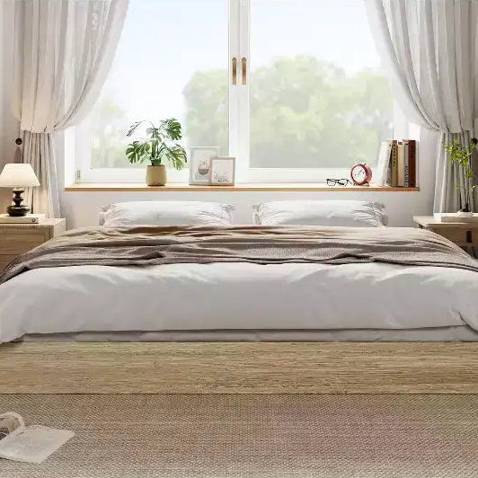 Twin Size Wooden platform bed, solid wooden slats, floor-standing bed frame, modern minimalist design, space-saving, no box spring required