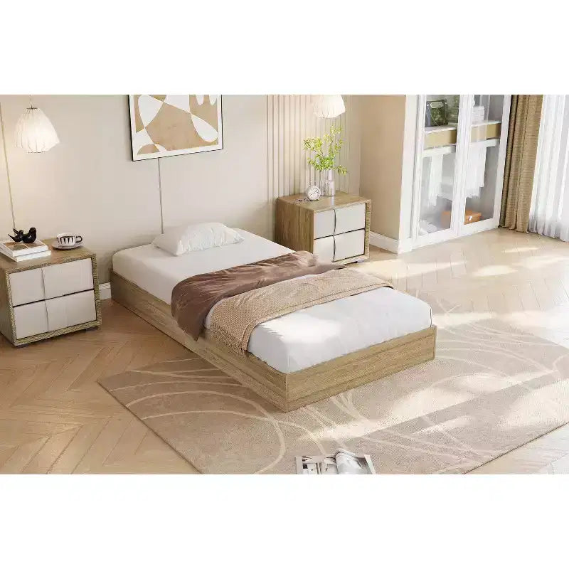 Struttura letto a piattaforma matrimoniale, doghe in legno e metallo, design minimalista, senza rete a molle
