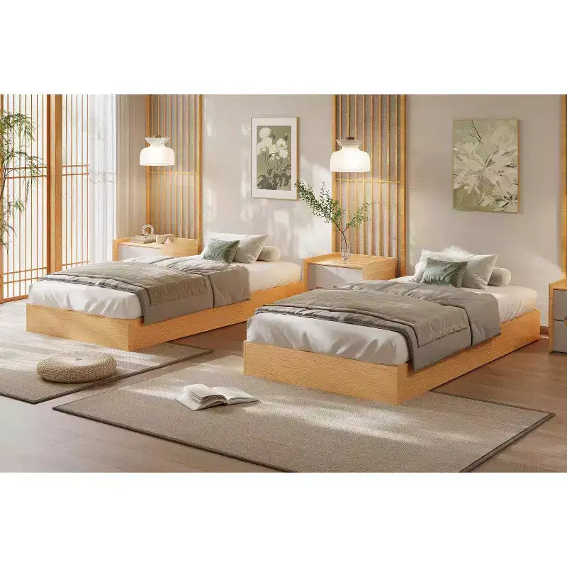 Struttura letto a piattaforma matrimoniale, doghe in legno e metallo, design minimalista, senza rete a molle