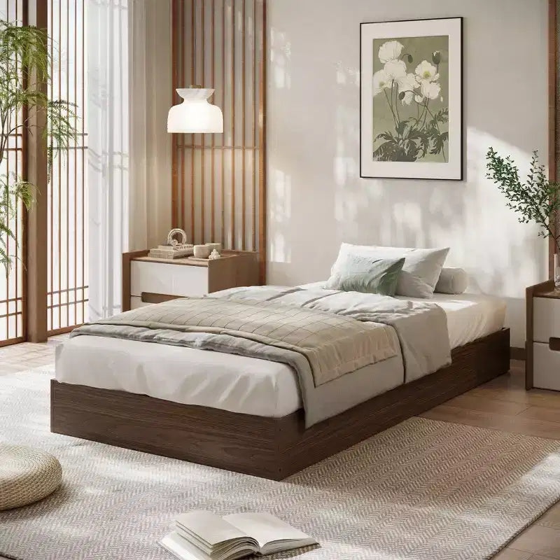 Struttura letto a piattaforma matrimoniale, doghe in legno e metallo, design minimalista, senza rete a molle
