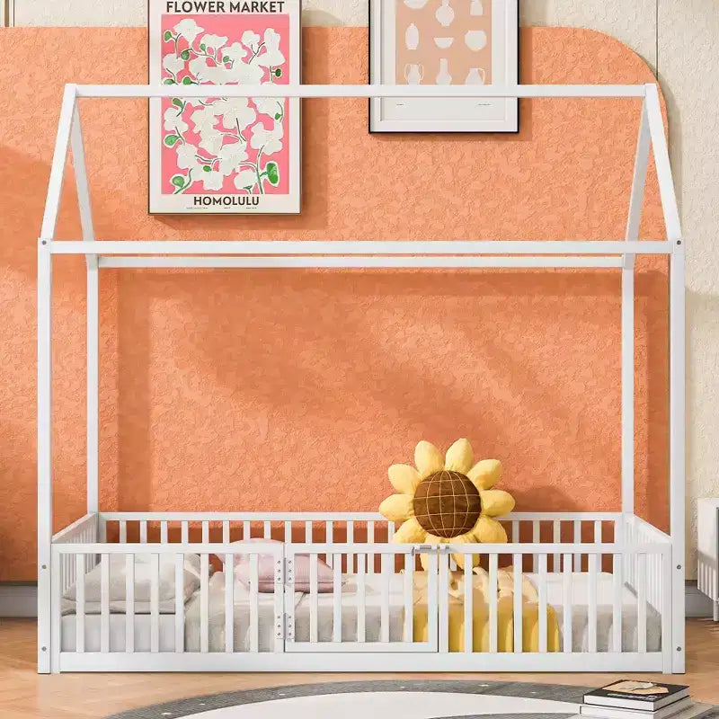 Letto a casetta Montessori in metallo con porta e sponde di protezione, per bambini e neonati, una piazza/una piazza e mezzo