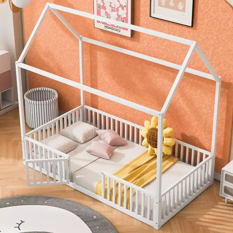 Letto a casetta Montessori in metallo con porta e sponde di protezione, per bambini e neonati, una piazza/una piazza e mezzo