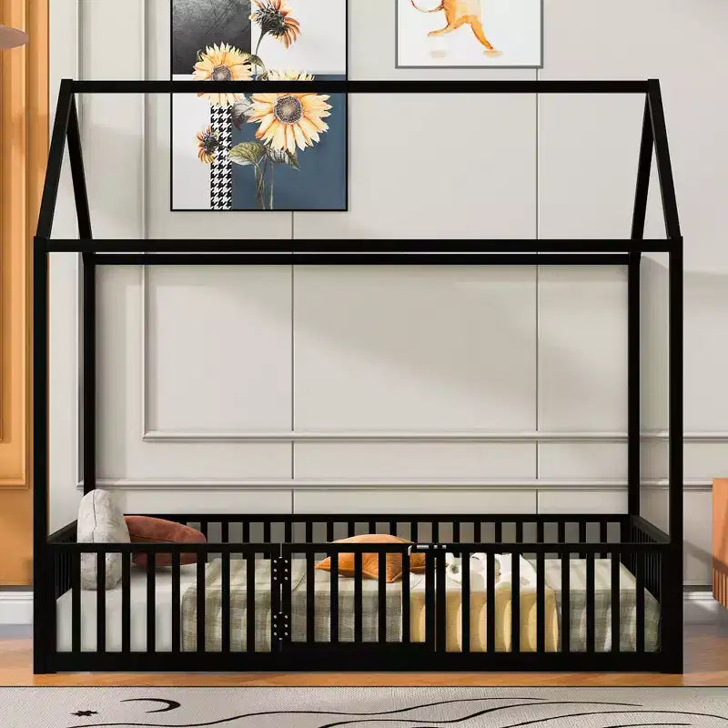 Letto a casetta Montessori in metallo con porta e sponde di protezione, per bambini e neonati, una piazza/una piazza e mezzo
