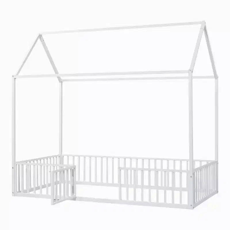 Letto a casetta Montessori in metallo con porta e sponde di protezione, per bambini e neonati, una piazza/una piazza e mezzo