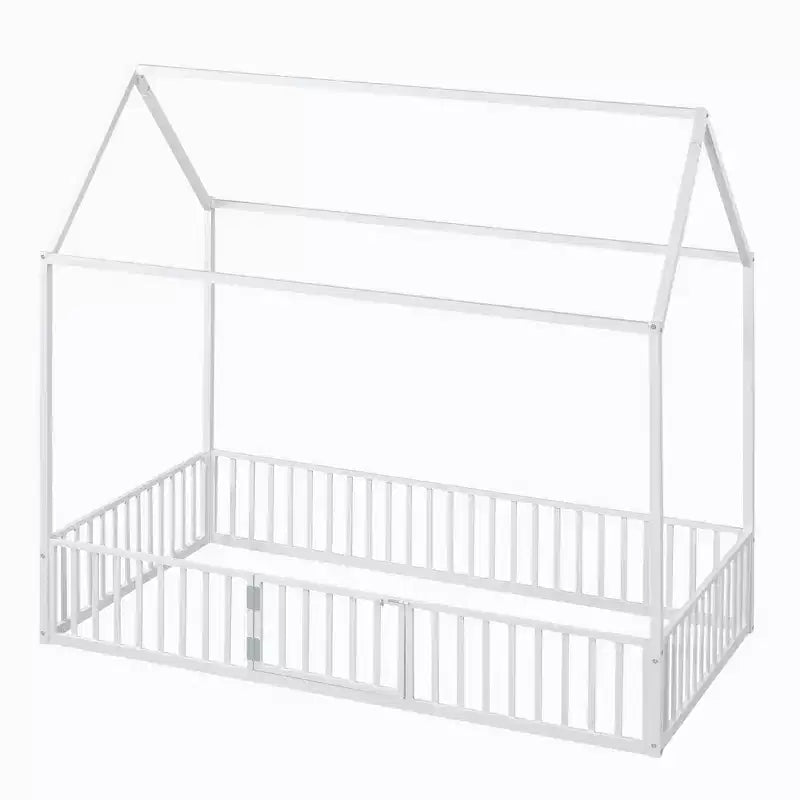 Letto a casetta Montessori in metallo con porta e sponde di protezione, per bambini e neonati, una piazza/una piazza e mezzo