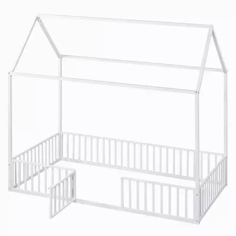 Letto a casetta Montessori in metallo con porta e sponde di protezione, per bambini e neonati, una piazza/una piazza e mezzo