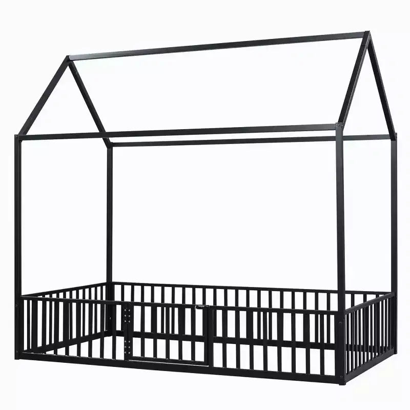 Letto a casetta Montessori in metallo con porta e sponde di protezione, per bambini e neonati, una piazza/una piazza e mezzo