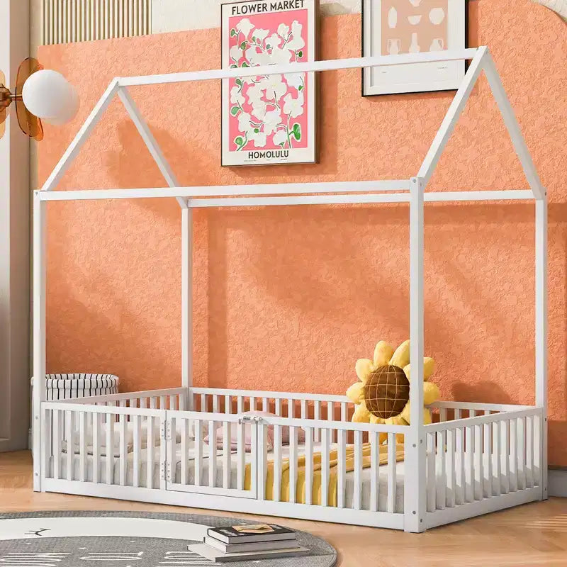 Letto a casetta Montessori in metallo con porta e sponde di protezione, per bambini e neonati, una piazza/una piazza e mezzo