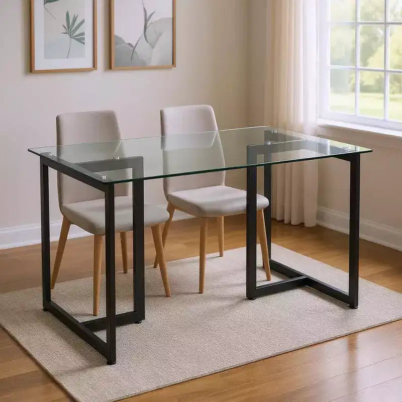 Tavolo da pranzo da 47" con piano in vetro trasparente e nero e base geometrica in metallo, 4 posti a sedere