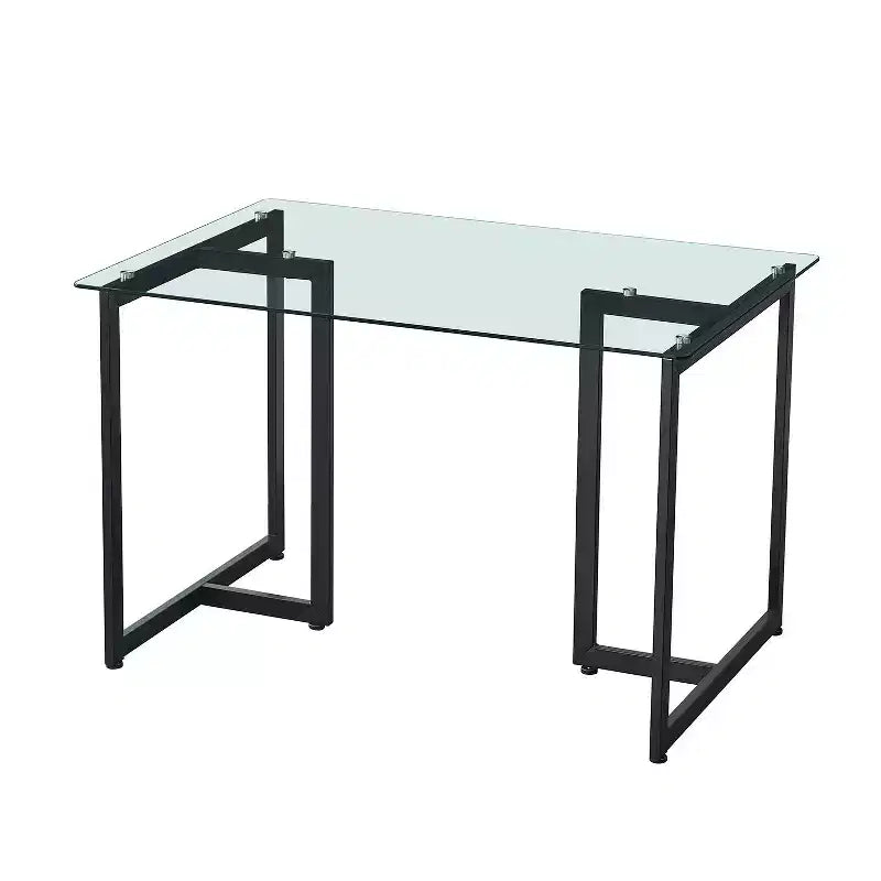 Tavolo da pranzo da 47" con piano in vetro trasparente e nero e base geometrica in metallo, 4 posti a sedere